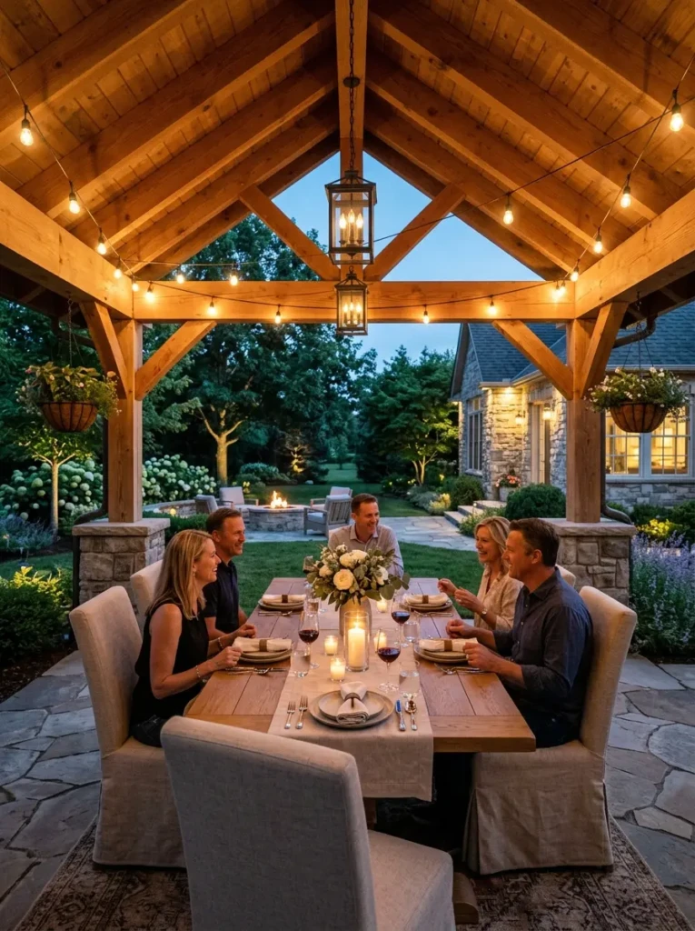 Outdoor dining pavilion with wood beams, stone columns, and comfortable seating