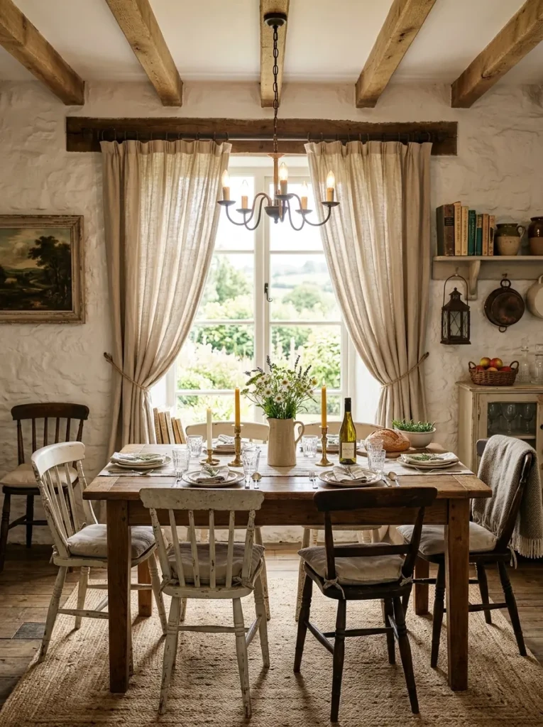 Distressed wood curtain rods adding warmth and texture to elegant farmhouse dining room curtains.