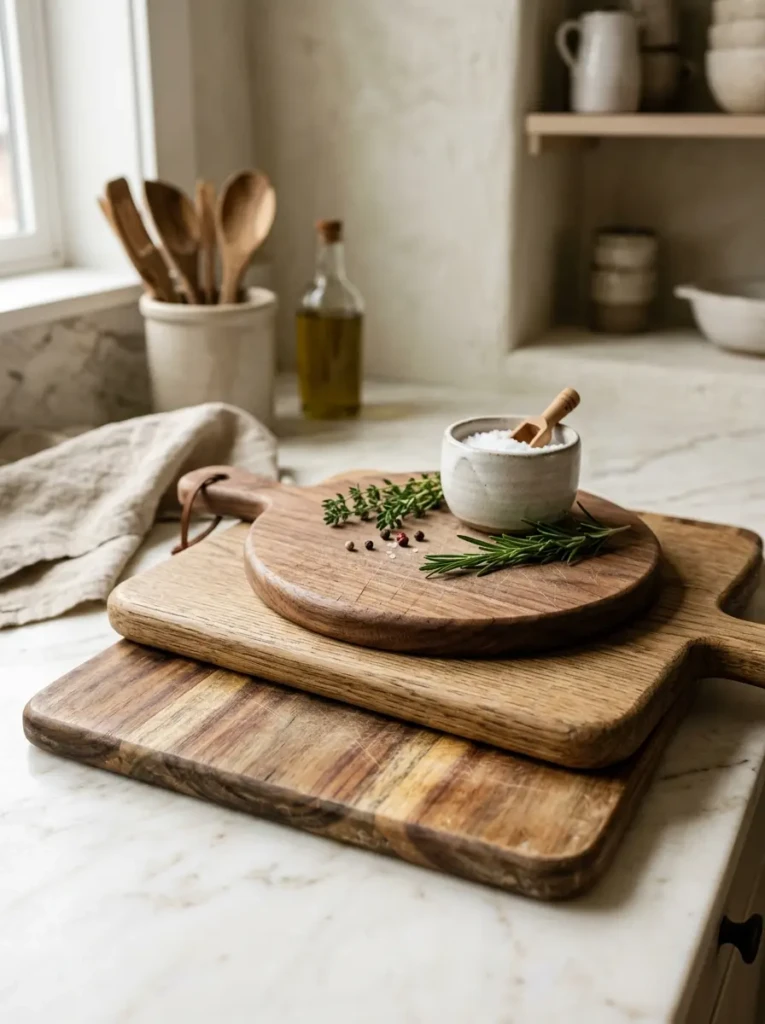 Mixed walnut and oak cutting boards styled on marble kitchen countertop with neutral decor