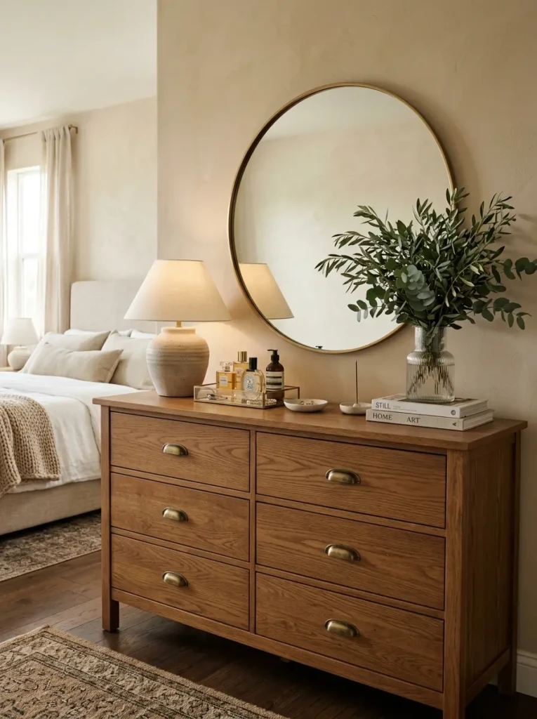 Warm wood dresser styled with round mirror, ceramic lamp, perfume tray, and greenery.