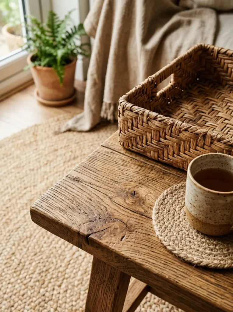 Detailed view of wood grain, rattan weave, and jute textures in a boho interior.