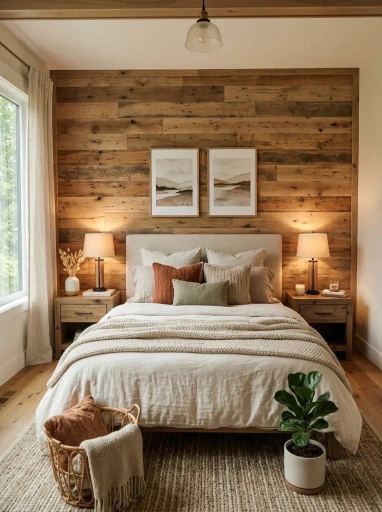A cozy bedroom featuring a wood panel accent wall and warm earthy styling.