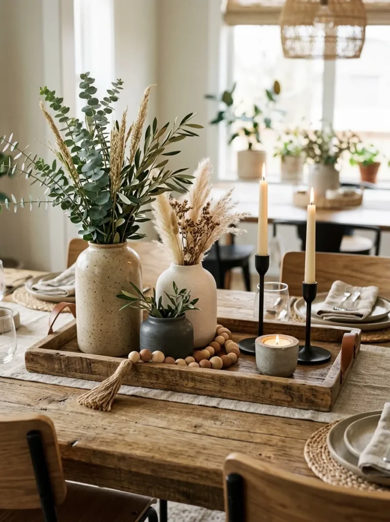 Decorative tray with candles, greenery, and ceramic decor on dining table