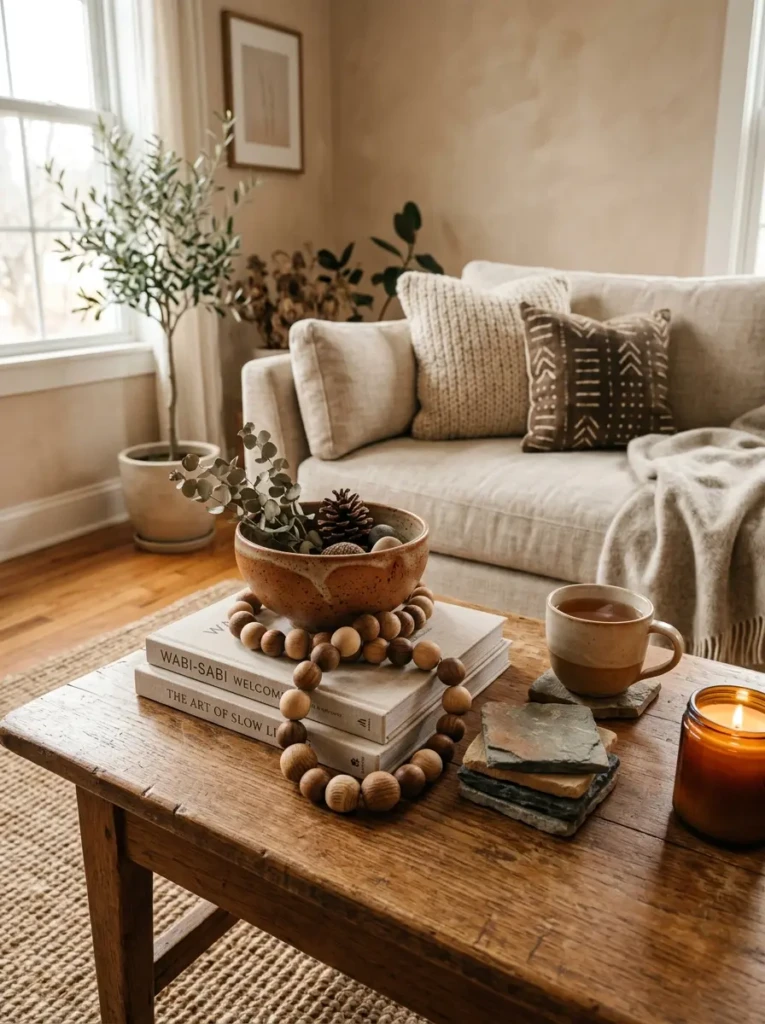 Wooden beads, clay pottery, and stone coasters on cozy neutral coffee table