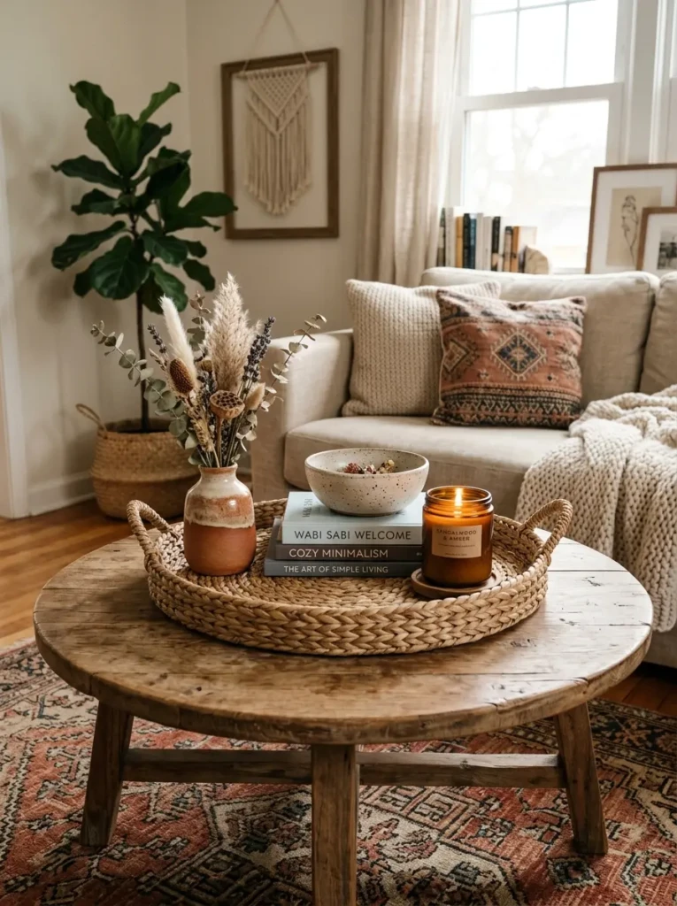 Wooden boho coffee table styled with stacked books, ceramic bowl, candle, dried flowers, and woven tray.