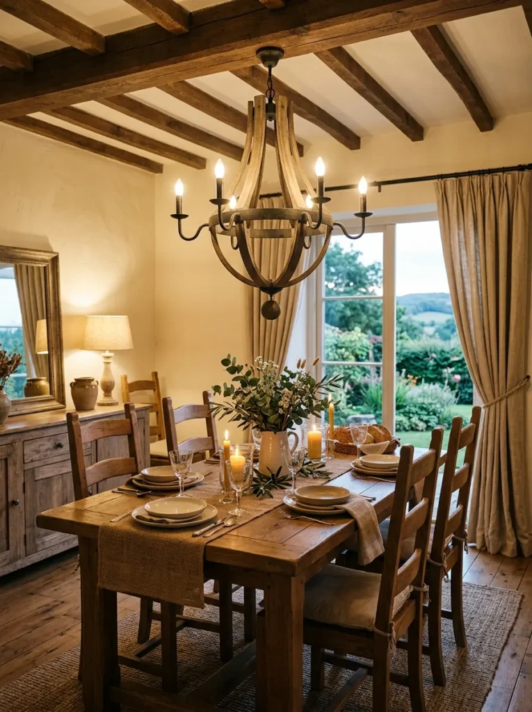 Rustic wooden chandelier above farmhouse dining table with cozy warm lighting
