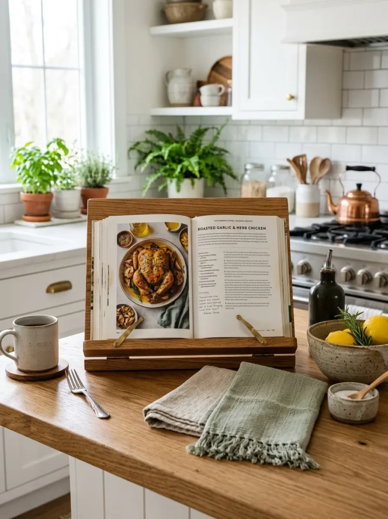 Wooden cookbook stand styled with linen towels and ceramics on modern countertop