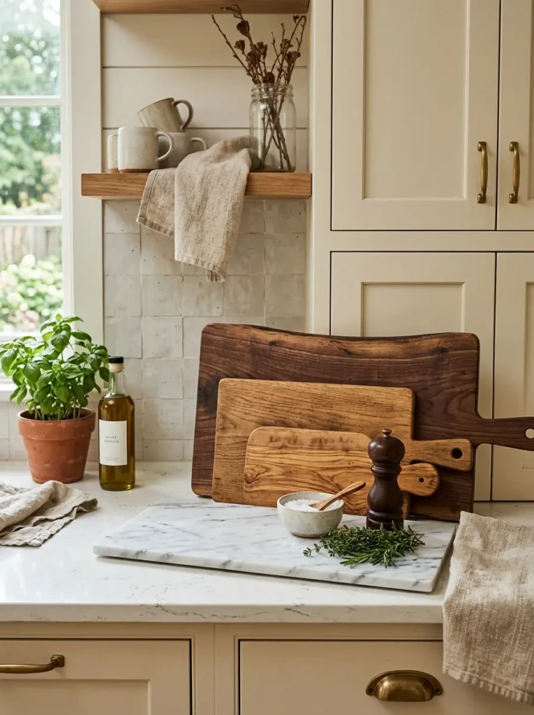 Handmade wooden boards and marble slab creating warm kitchen texture
