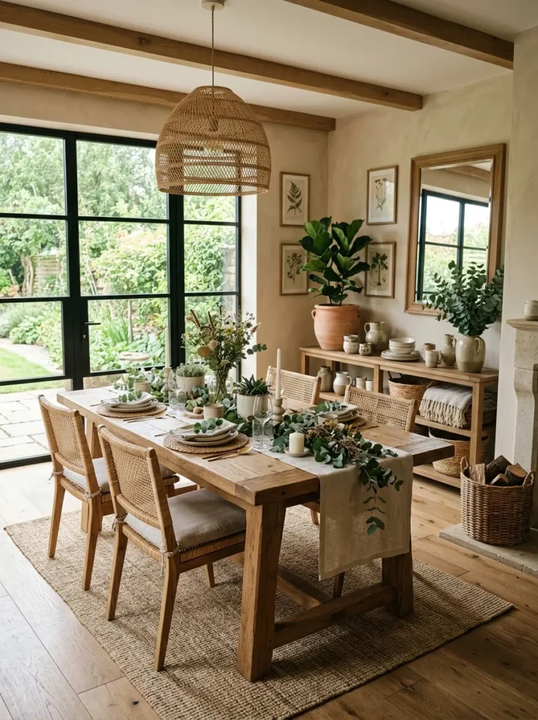 Elegant dining room with eucalyptus decor, ceramic planters, woven baskets, and warm wood tones.