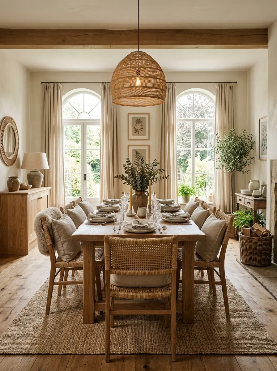 Elegant wooden dining room with woven textures, oak furniture, linen curtains, and warm cozy ambiance.