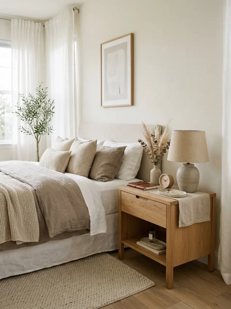 A wooden nightstand styled with linen accents and calming neutral decor in a cozy bedroom.