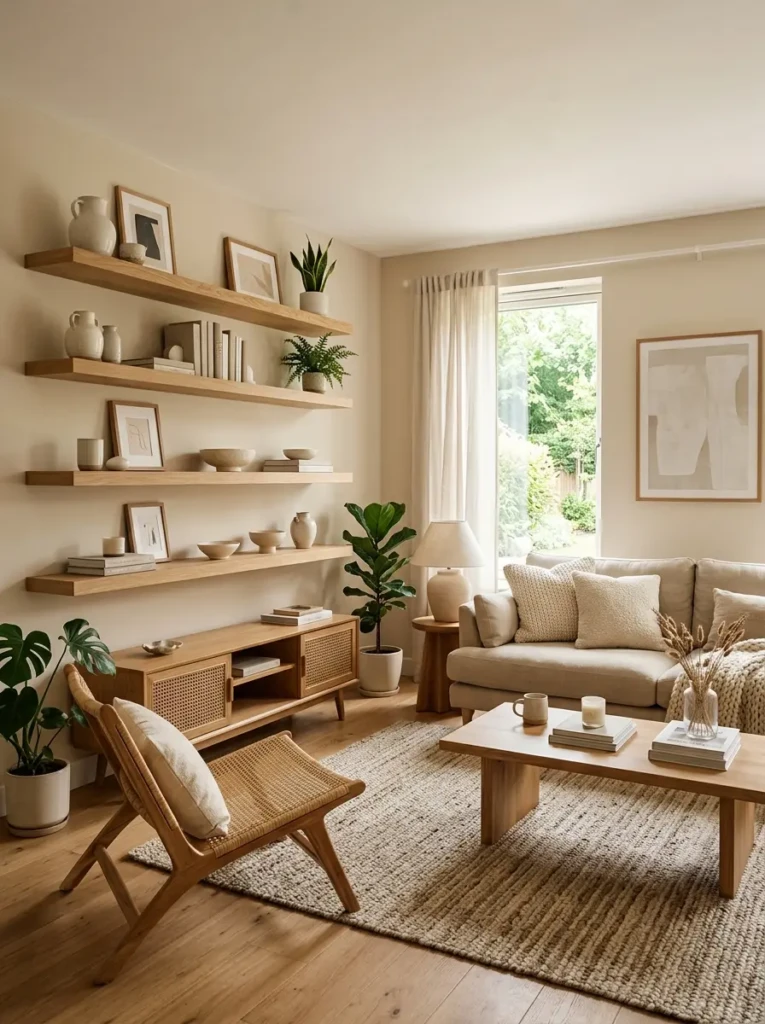 Neutral living room with wooden shelves and warm inviting decor styling.