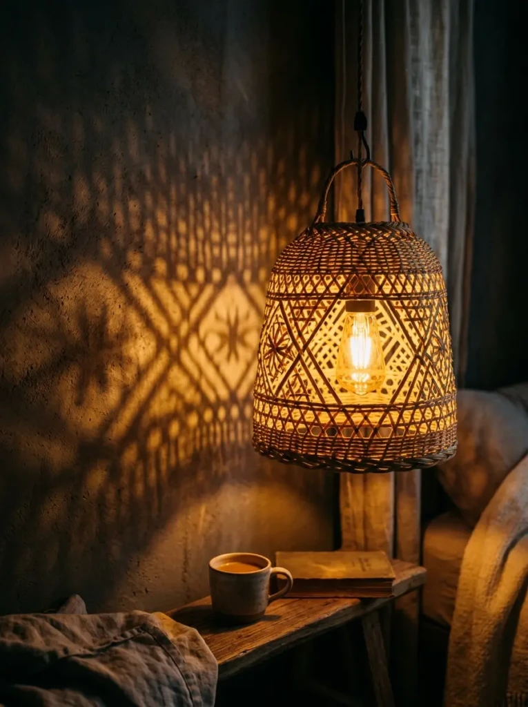 Close-up of a rattan lamp creating soft shadow patterns and a cozy glow.