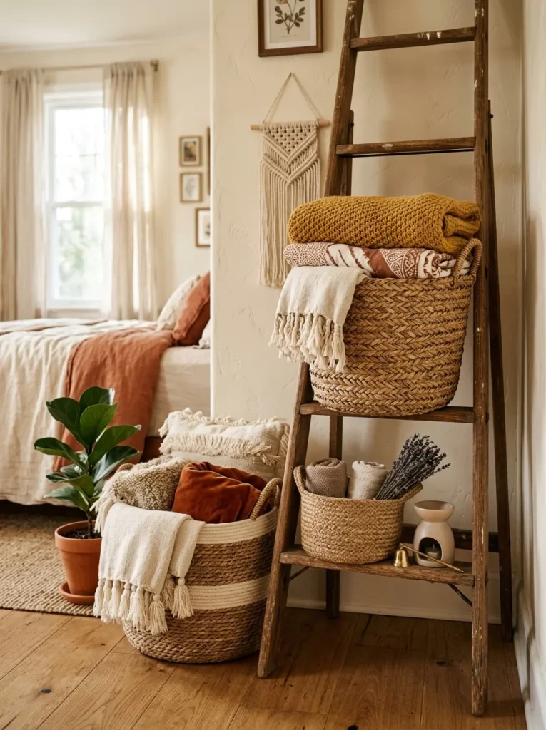 Neutral bathroom shelving with candles, folded towels, and clean organized accessories.