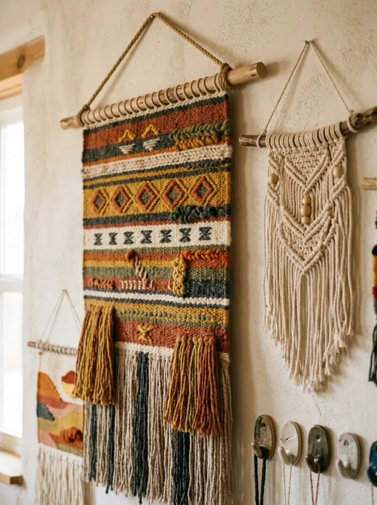 Close-up of a woven tapestry adding texture and warmth to a bohemian interior.