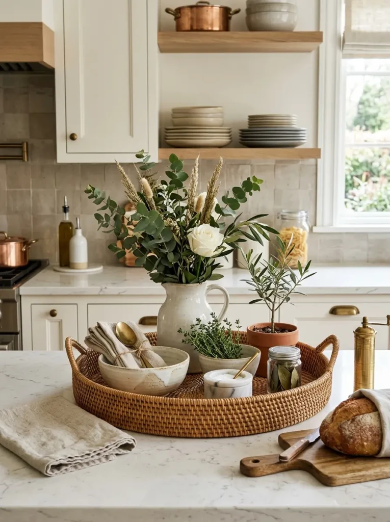 Woven tray with ceramics and greenery creating cozy organized kitchen decor