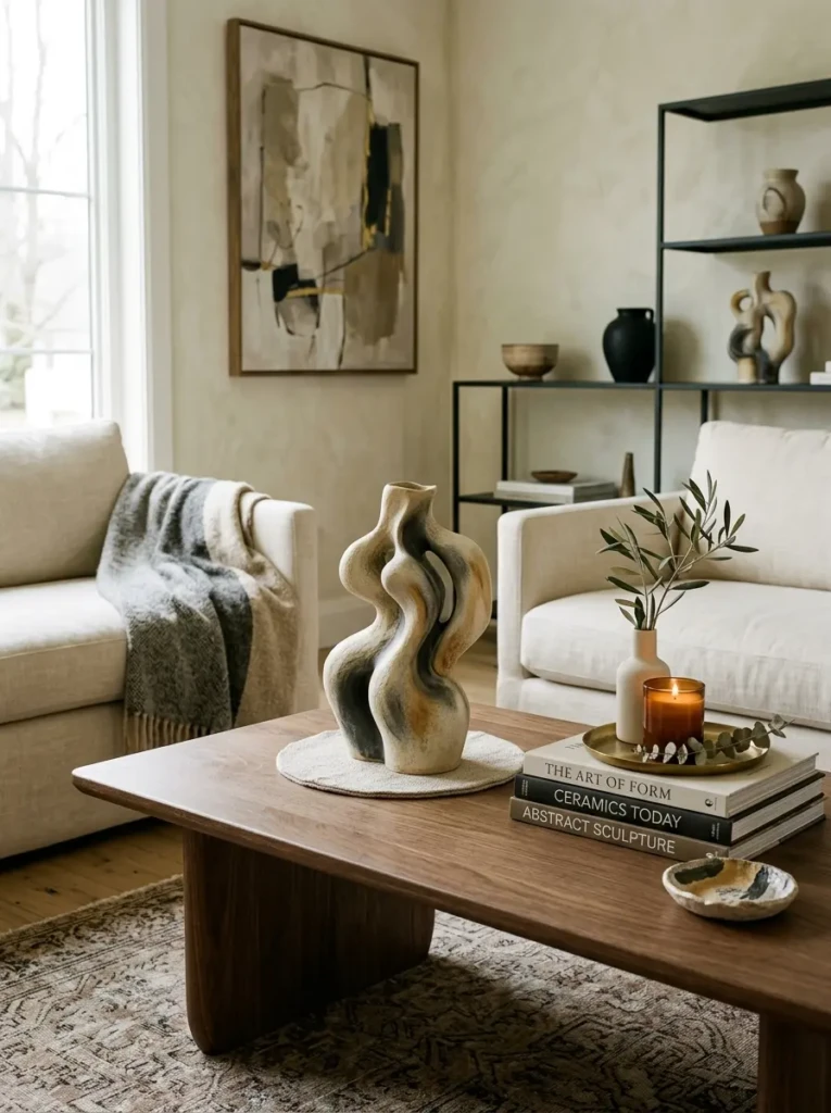 Abstract ceramic sculpture displayed among elegant coffee table accessories.