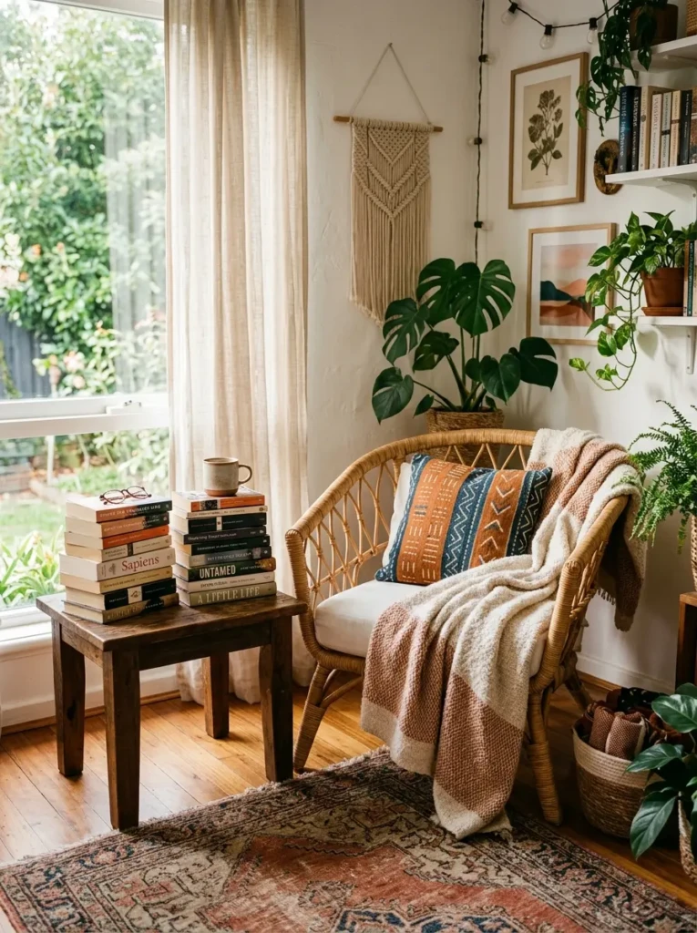 Accent chair and books arranged in a peaceful bohemian reading area.