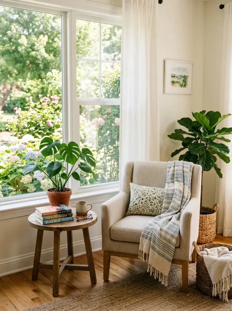 Accent chair, books, and greenery arranged in a peaceful living room nook.