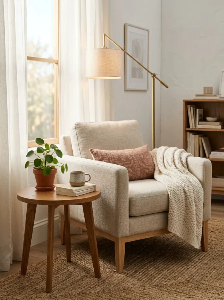 Small seating area with a side table, plant, and soft lighting.