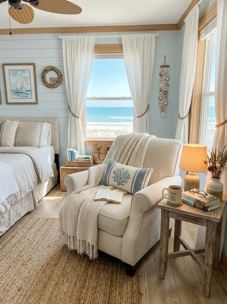 Woven chair and throw blanket creating a relaxing reading space