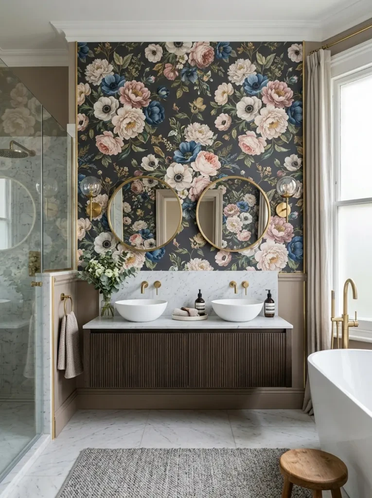 Decorative bathroom wall covered in floral wallpaper with sophisticated styling