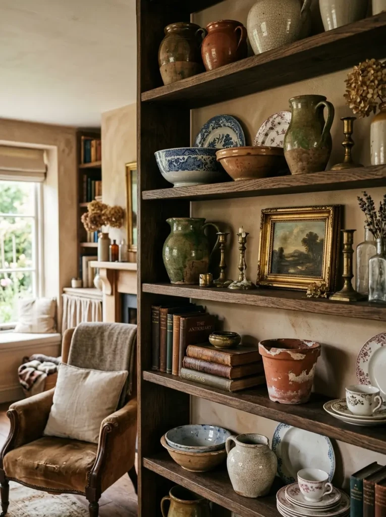 Aged ceramics and collected vintage accessories styled on open shelves