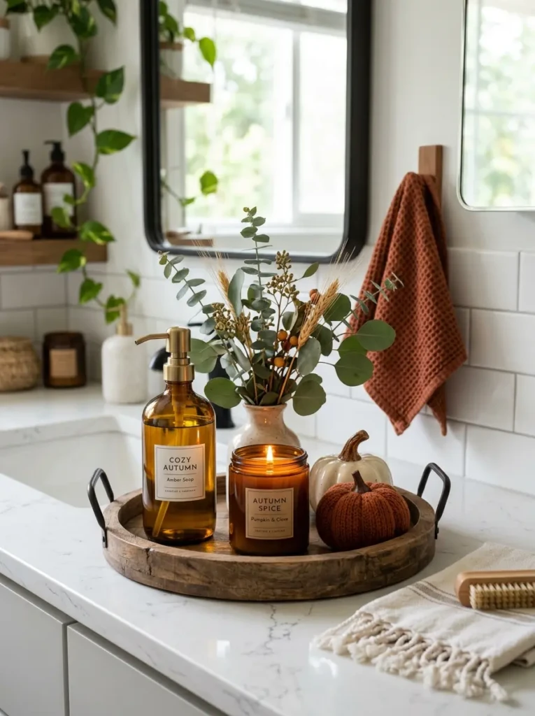 Decorative tray with amber soap dispenser, candle, eucalyptus, and seasonal accents.