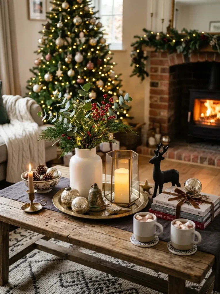 Antique ornaments paired with contemporary Christmas accents on an elegant coffee table