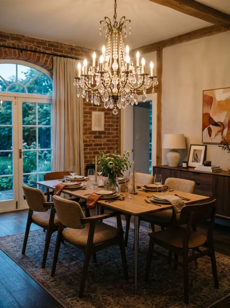 Aged brass chandelier adding timeless character to a dining room.
