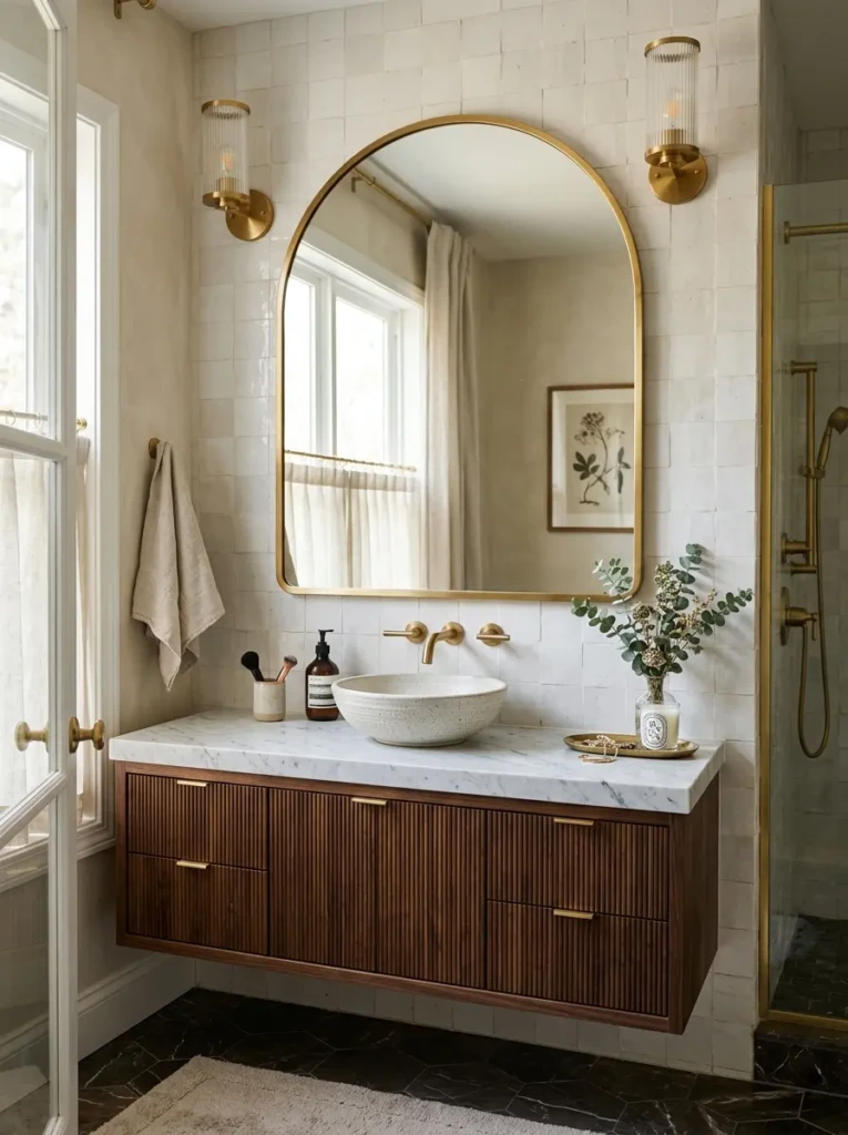 Modern bathroom featuring an arched brass-framed mirror above a vanity