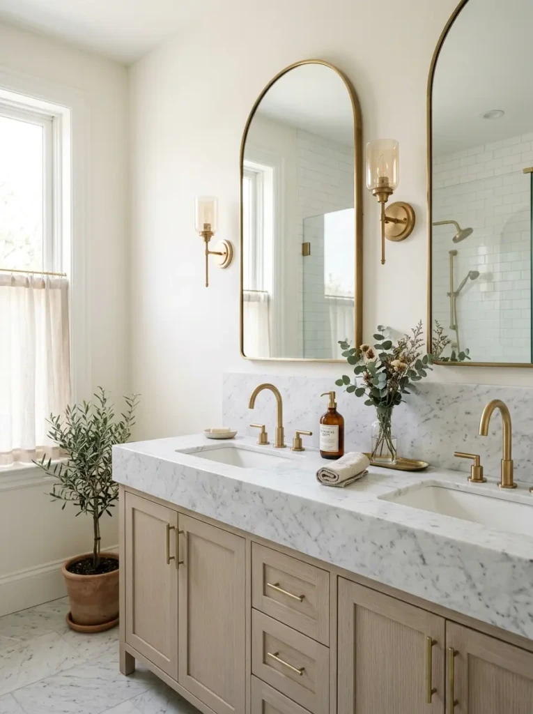 Arched bathroom mirror surrounded by marble surfaces and brass fixtures.