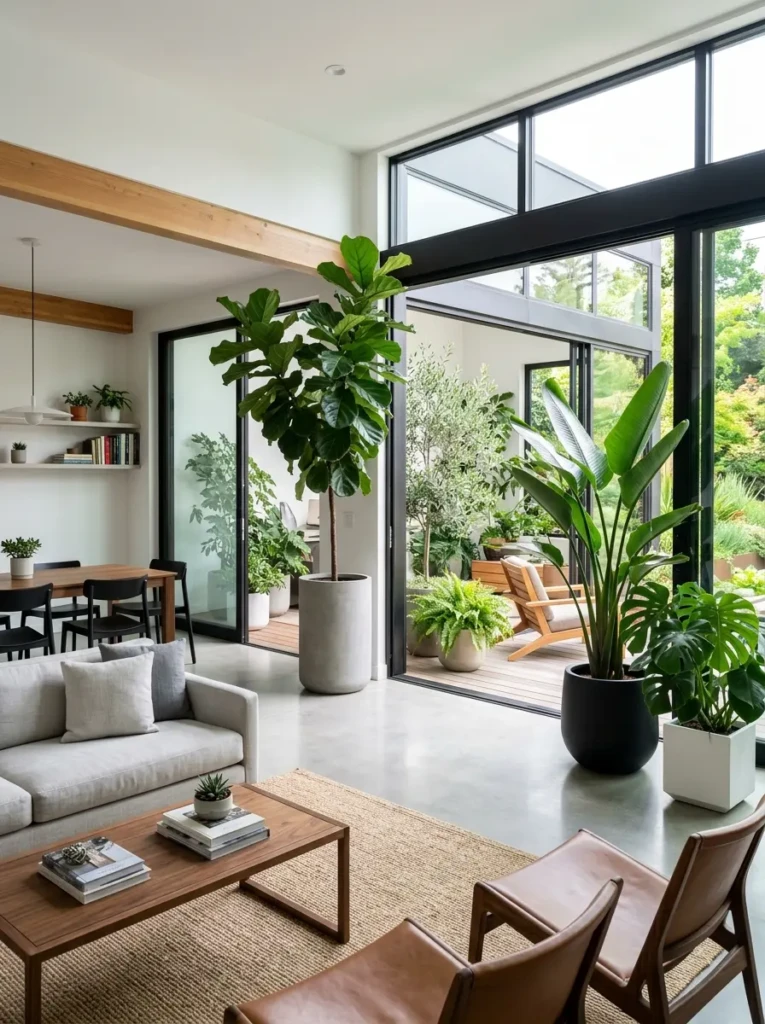 Architectural plants complement clean-lined mid century furniture.
