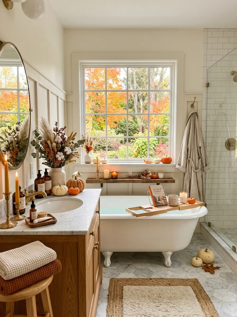 Beautiful autumn bathroom featuring candles, wood accents, pumpkins, and dried florals.