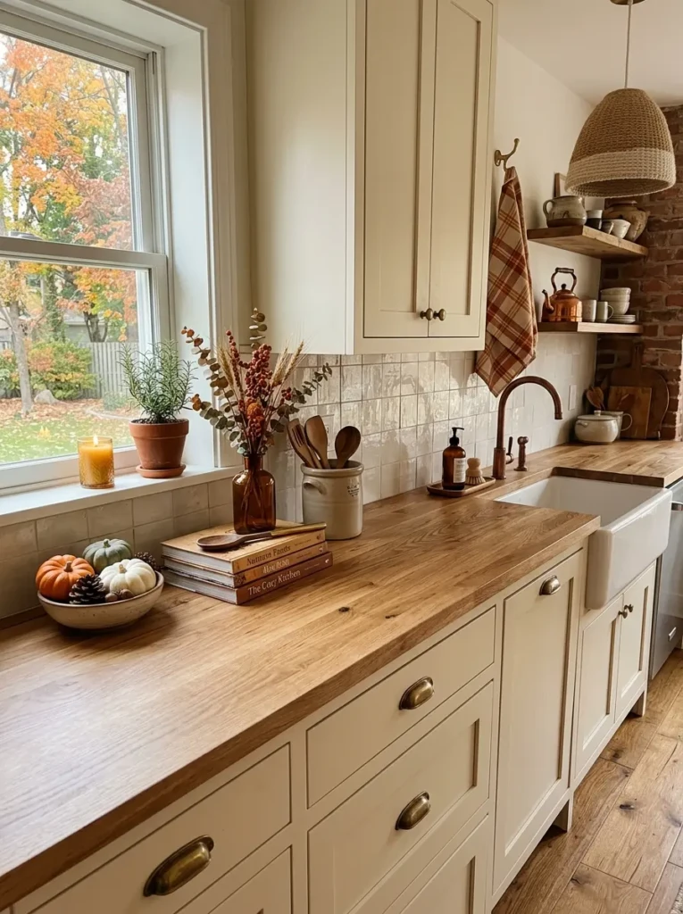 Thoughtfully arranged fall kitchen featuring warm textures and uncluttered surfaces.
