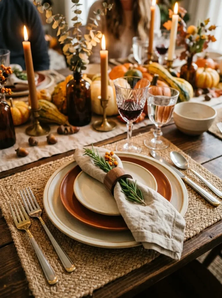 Beautiful fall place setting with layered plates, linen napkins, and rosemary accents.