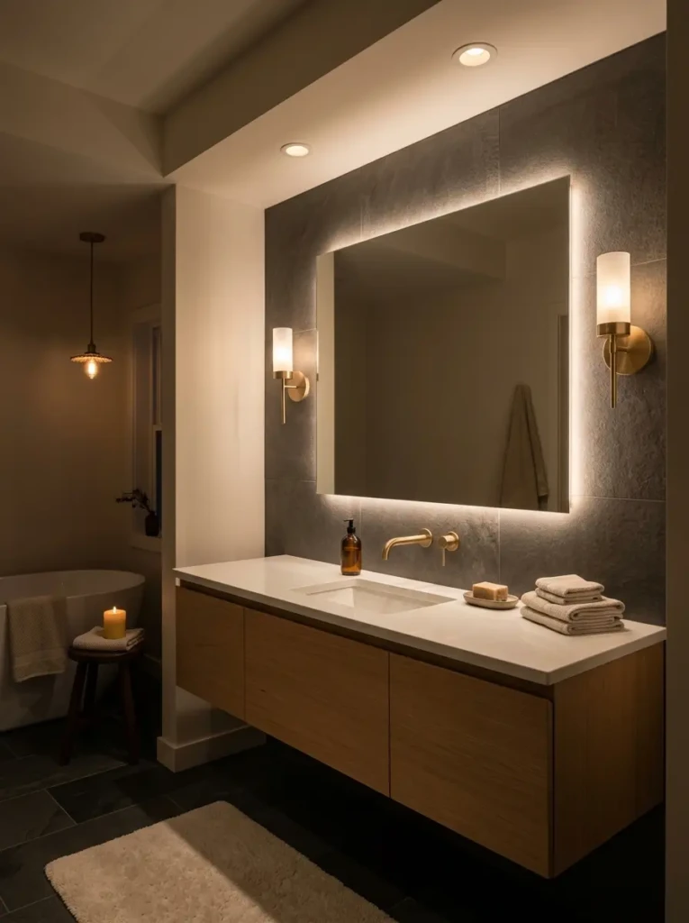 Backlit mirror and wall sconces providing warm illumination in a minimalist bathroom.