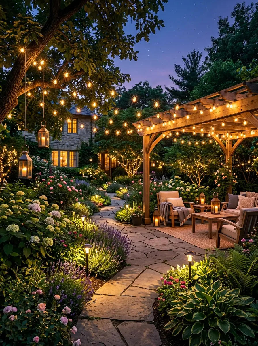 Stunning backyard garden illuminated with solar lights, glowing pathways, lanterns, and warm outdoor ambiance at twilight.