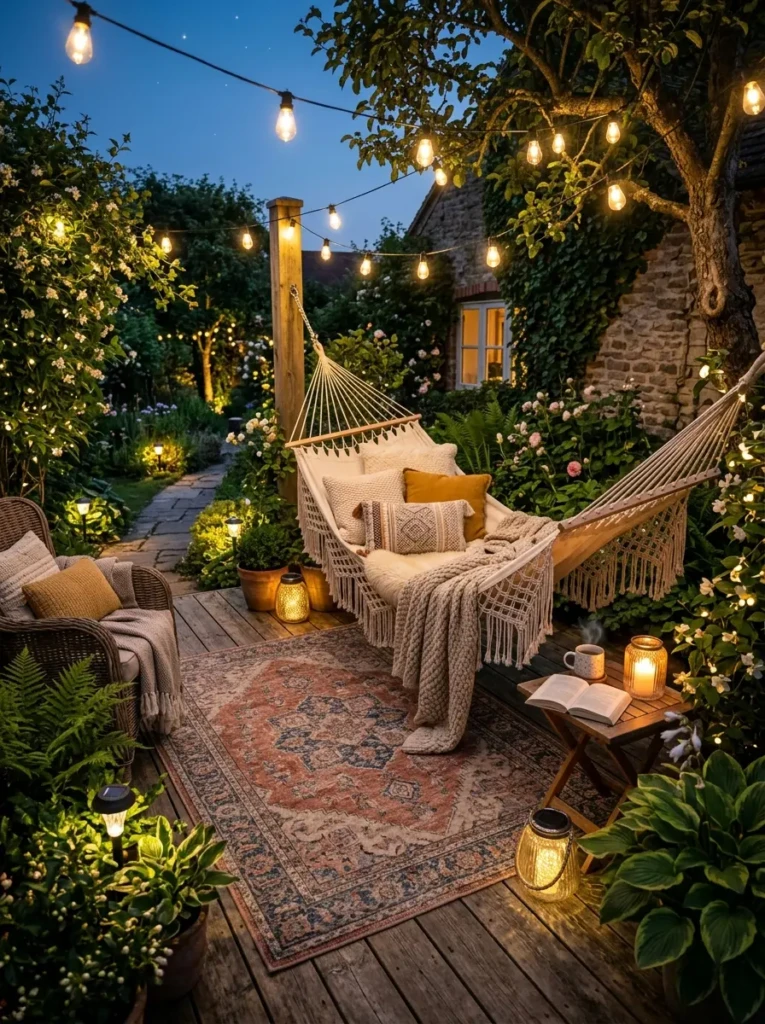 Relaxing outdoor lounge area with solar lights, comfortable seating, and a warm resort-inspired atmosphere.
