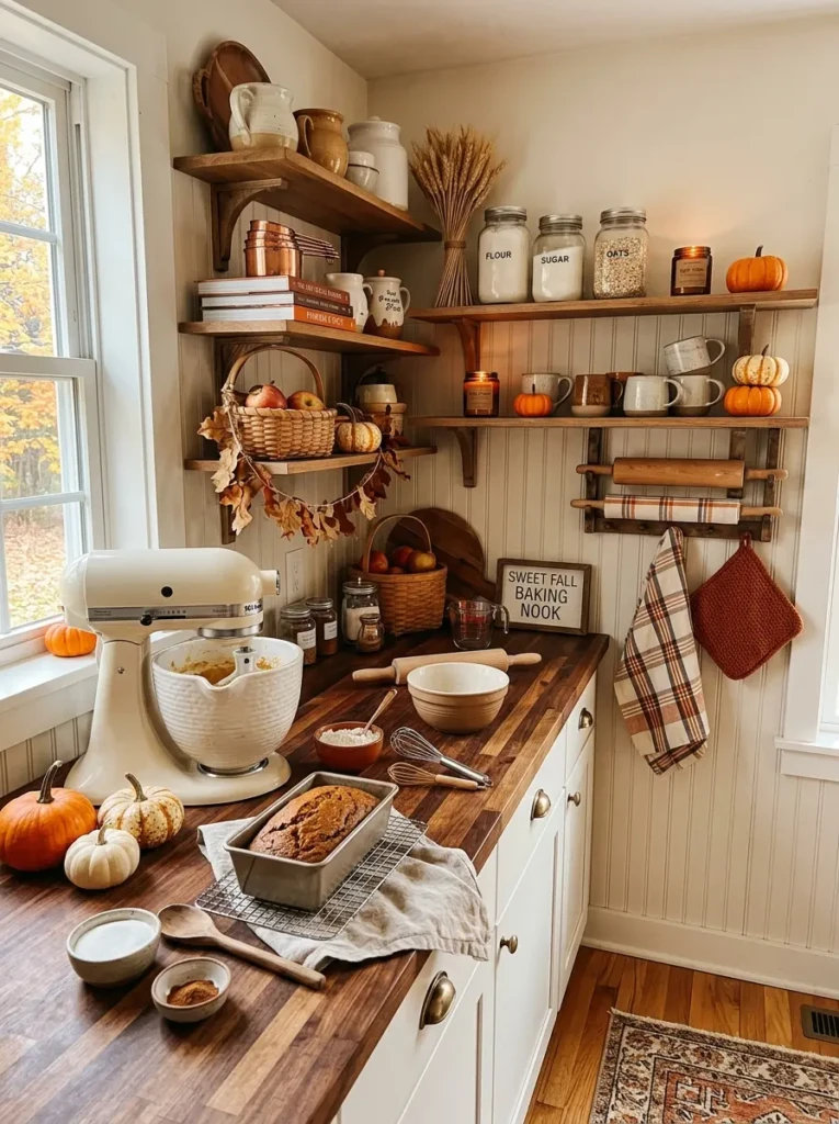 Cozy kitchen baking area styled with pumpkins and warm seasonal accents.