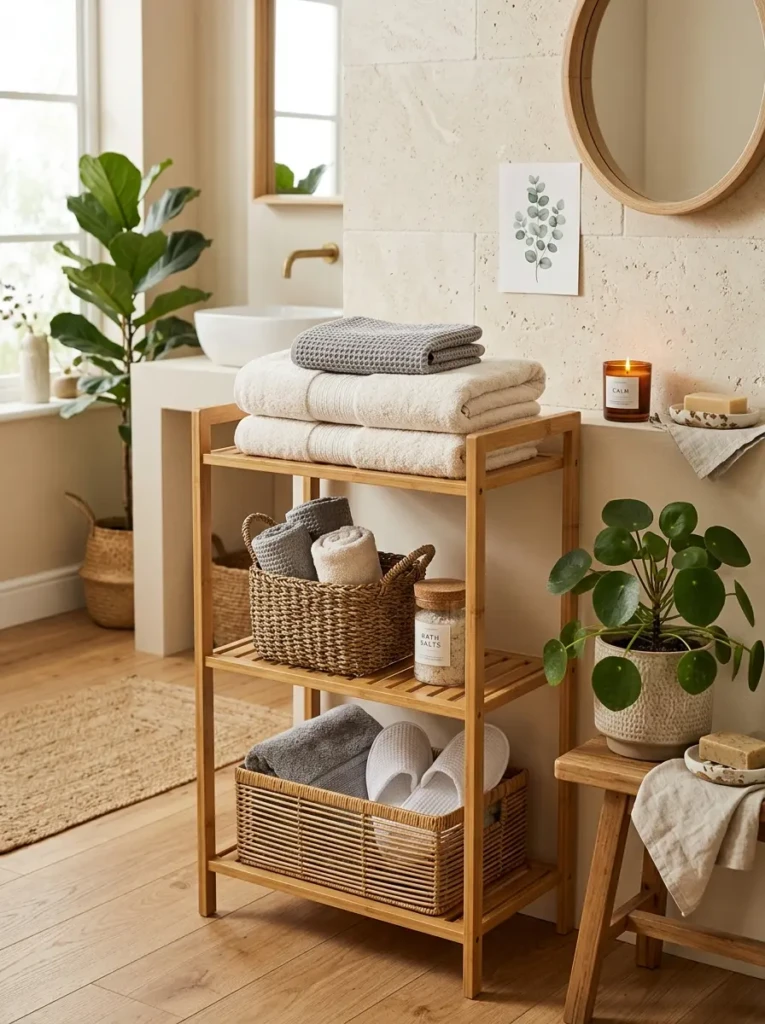 Bamboo towel rack paired with cream towels, woven baskets, and natural greenery.