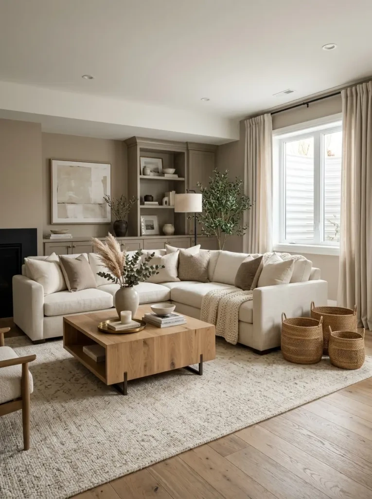 Neutral basement interior featuring linen fabrics, woven baskets, and oak furniture