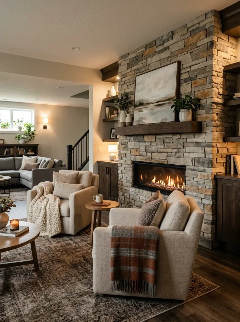 Modern basement fireplace with stone surround and comfortable seating