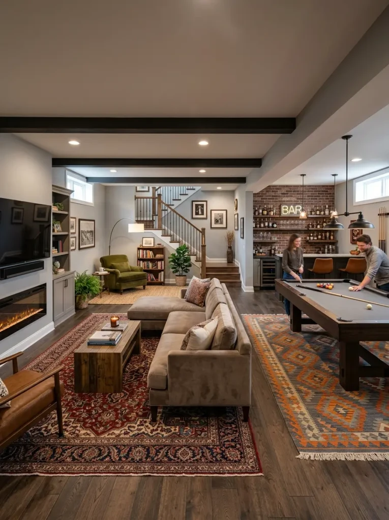 Basement interior separated into activity zones using decorative rugs