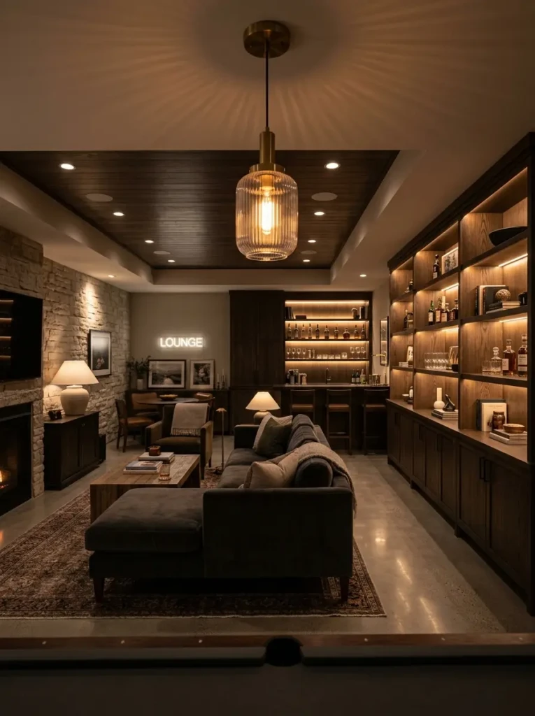 Elegant basement featuring dimmable lights and warm ambient illumination