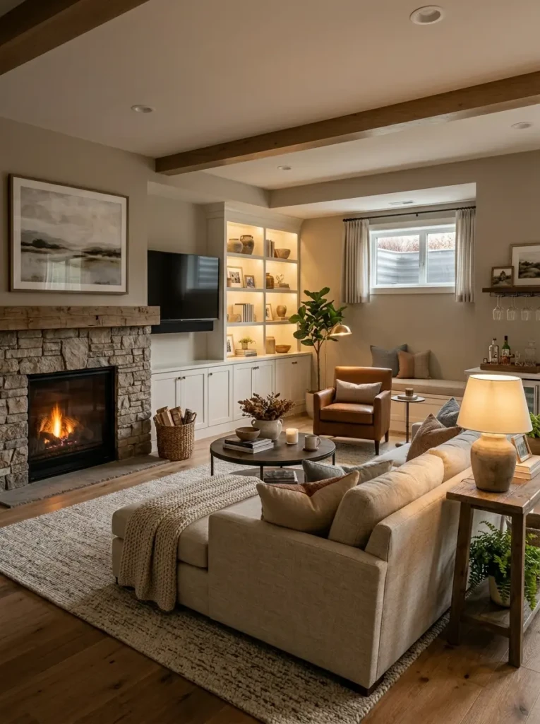 Magazine-worthy basement living room with timeless design and inviting atmosphere