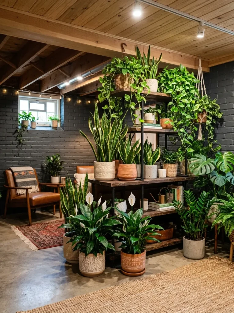 Decorative planters filled with snake plants, pothos, and peace lilies