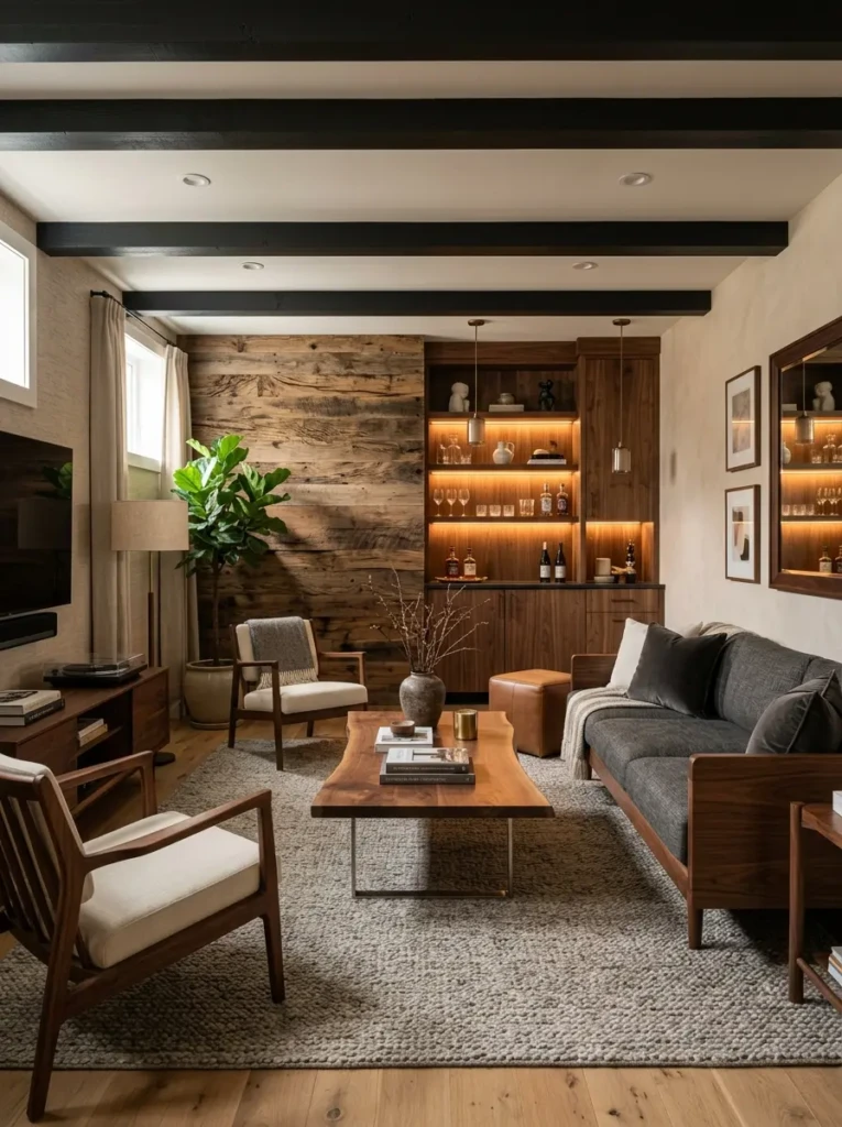 Elegant basement interior with walnut furniture and reclaimed wood features