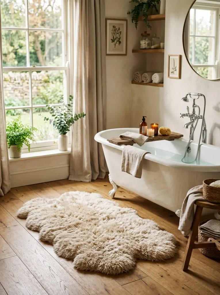 Soft oversized bath mat placed beside a bathtub in a cozy bathroom.