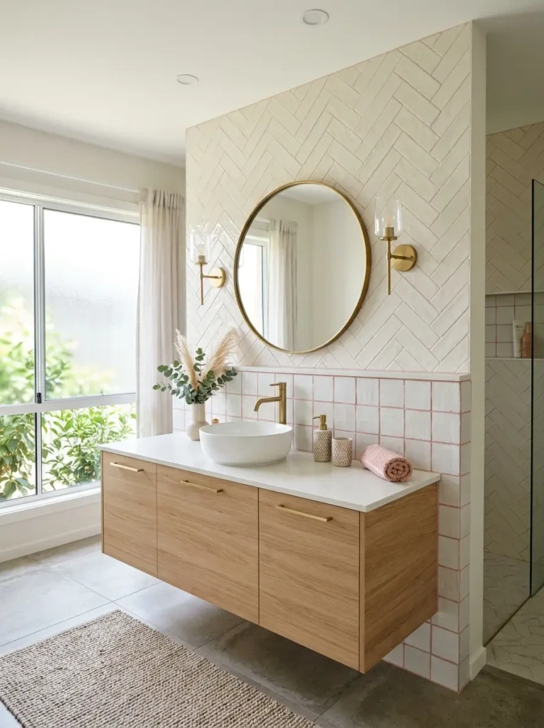 Modern bathroom backsplash featuring blush pink grout and coordinating accessories.